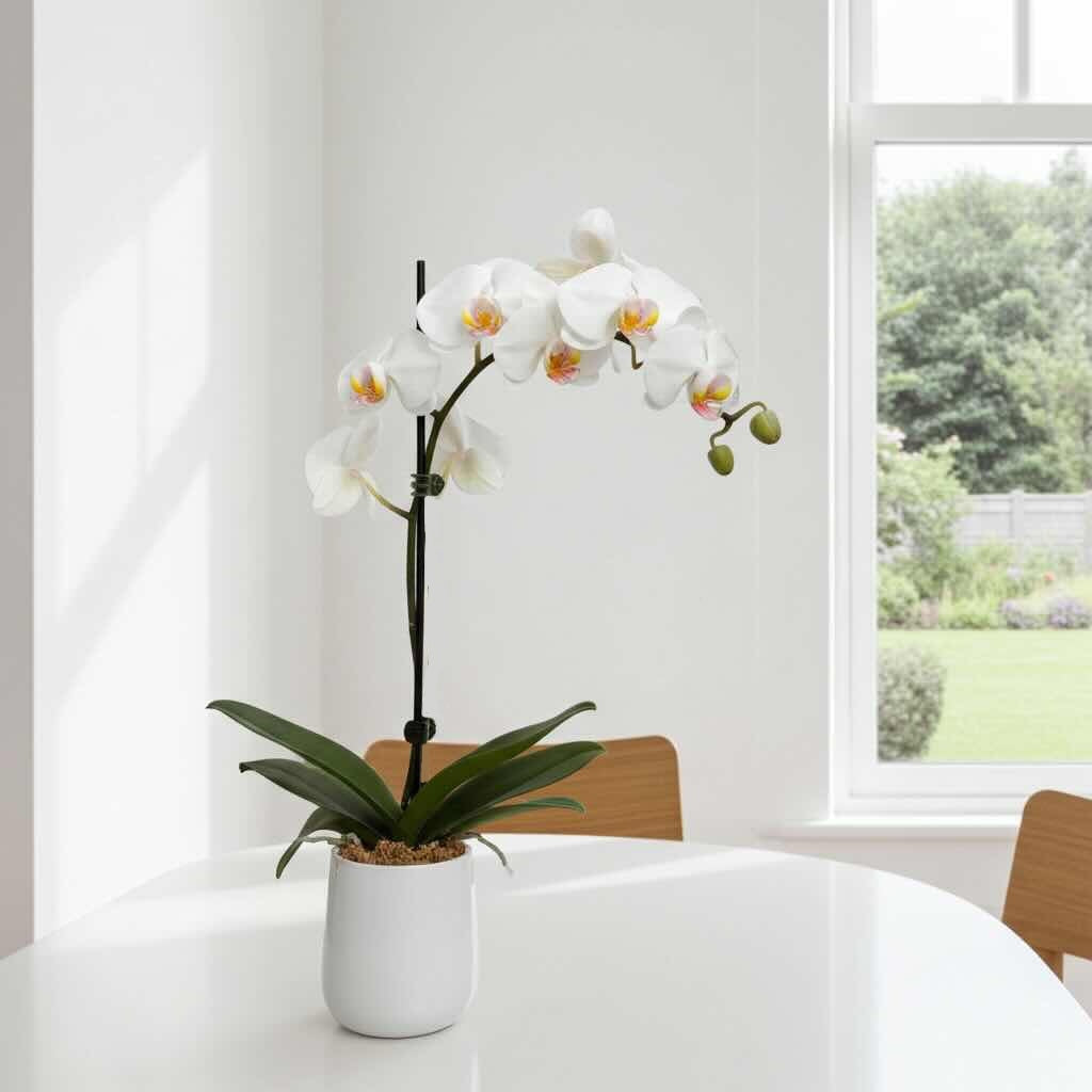 White phalaenopsis orchid in a pot on a white table by a window