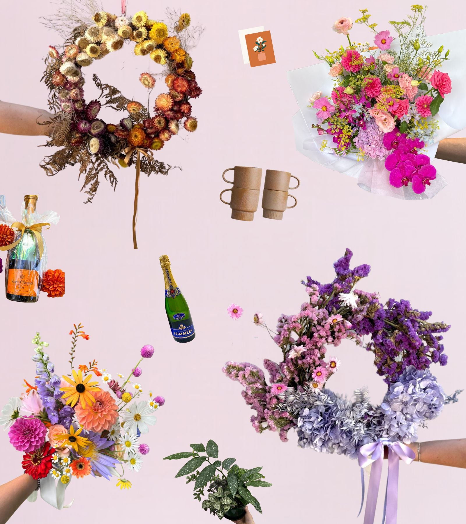 colourful christmas wreaths and flowers with gift ideas