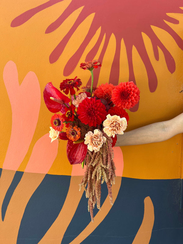 art deco bold red dahlia anthurium bridal bouquet