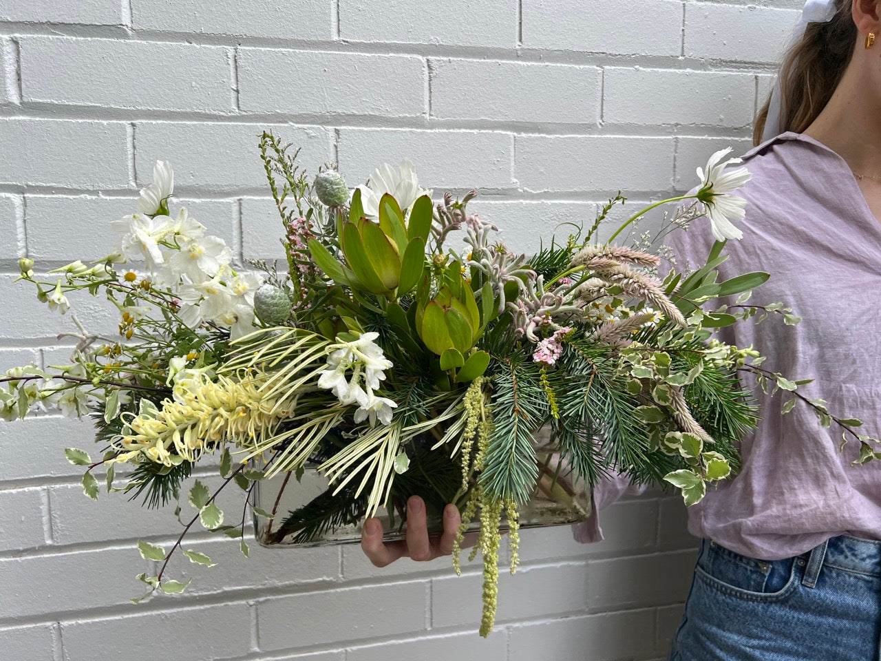 Christmas Table Centrepiece | White & Green Floral Arrangement