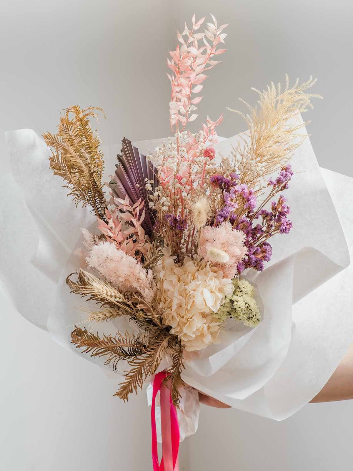 preserved dried bouquet of flowers wrapped
