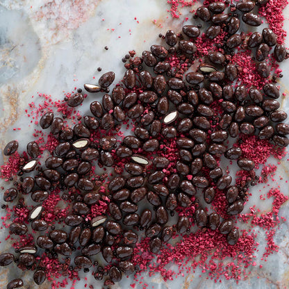 New Farm Confectionary Dark Choc Raspberry Coated Almonds