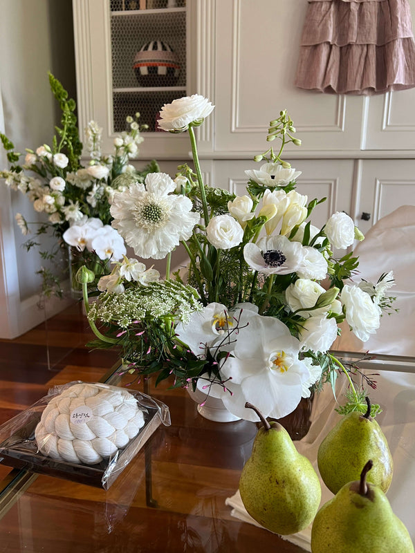 first birthday party event flowers sydney white anemone orchids ranunculus freesias delphinium with pears