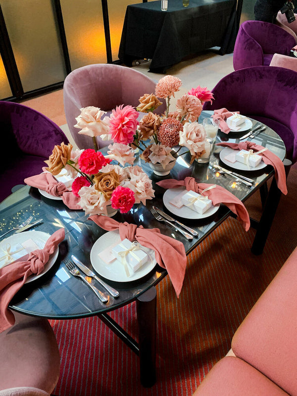 pink cream beige roses table event flowers for birthday party at ovolo hotel woolloomooloo sydney